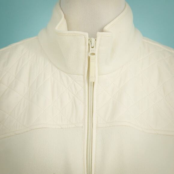 Talbots Size X 0X XL Ivory White Polar Fleece Quilted Elbow Patches Zip Jacket - Picture 2 of 7